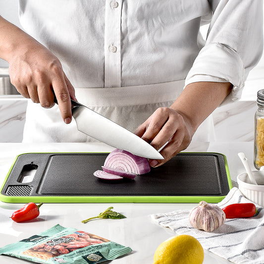 Multifunction Double-Sided Cutting Board with Defrosting Tray & Knife Sharpener – 4-in-1 Kitchen Chopping Board