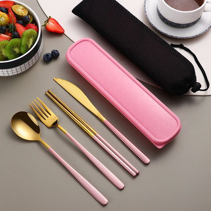 Portable Stainless Steel Cutlery Set with Case – Gold Travel Utensils for Camping, Office & On-the-Go Dining