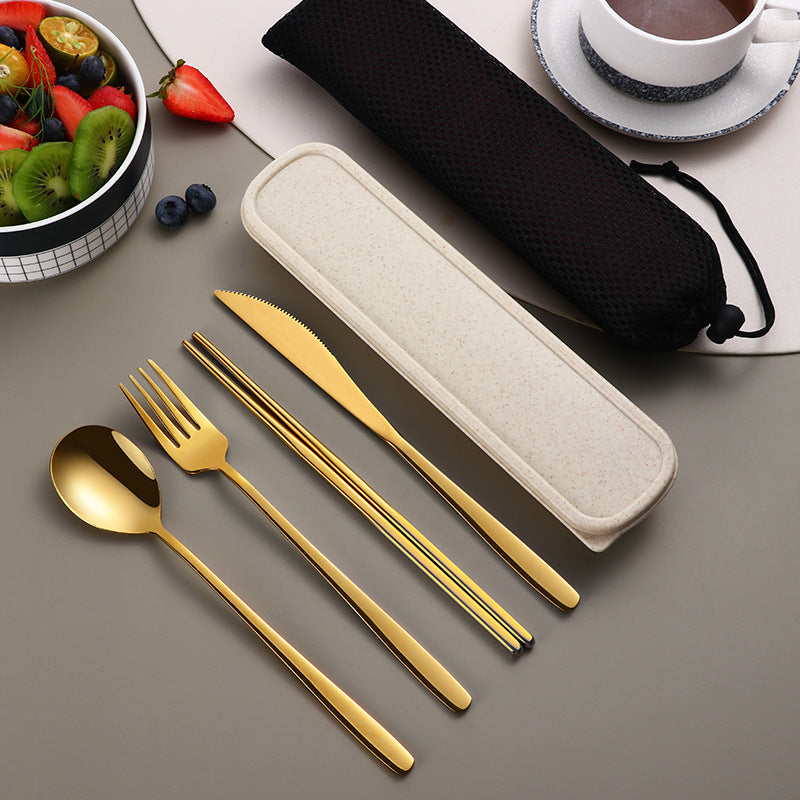 Portable Stainless Steel Cutlery Set with Case – Gold Travel Utensils for Camping, Office & On-the-Go Dining