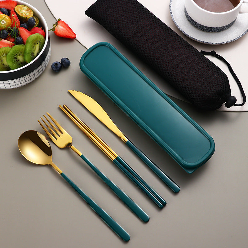 Portable Stainless Steel Cutlery Set with Case – Gold Travel Utensils for Camping, Office & On-the-Go Dining